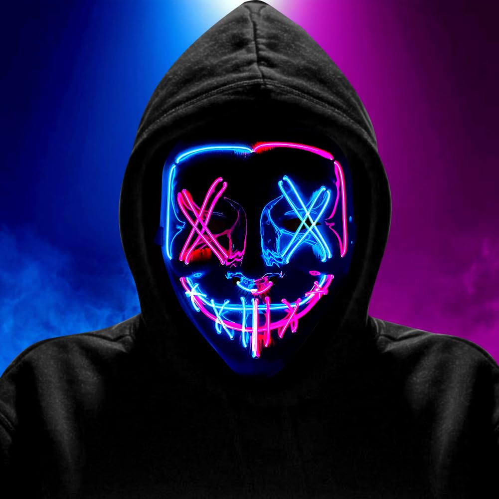 HATFRYF Halloween Masks LED Mask in Multiple Light Modes, Light up Scary Mask, Glowing Horror Smile Masks, Costumes for Men Adults, Anonymous Neon Halloween Gifts - pink blue