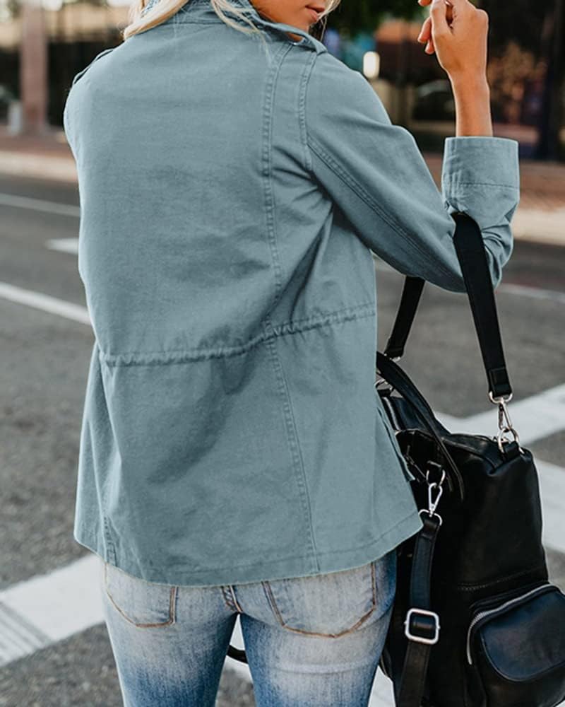 Soulomelody Womens Military Anorak Jacket Zip Up Snap Button Parka Safari Utility Coat Outwear with Pockets - Image 3