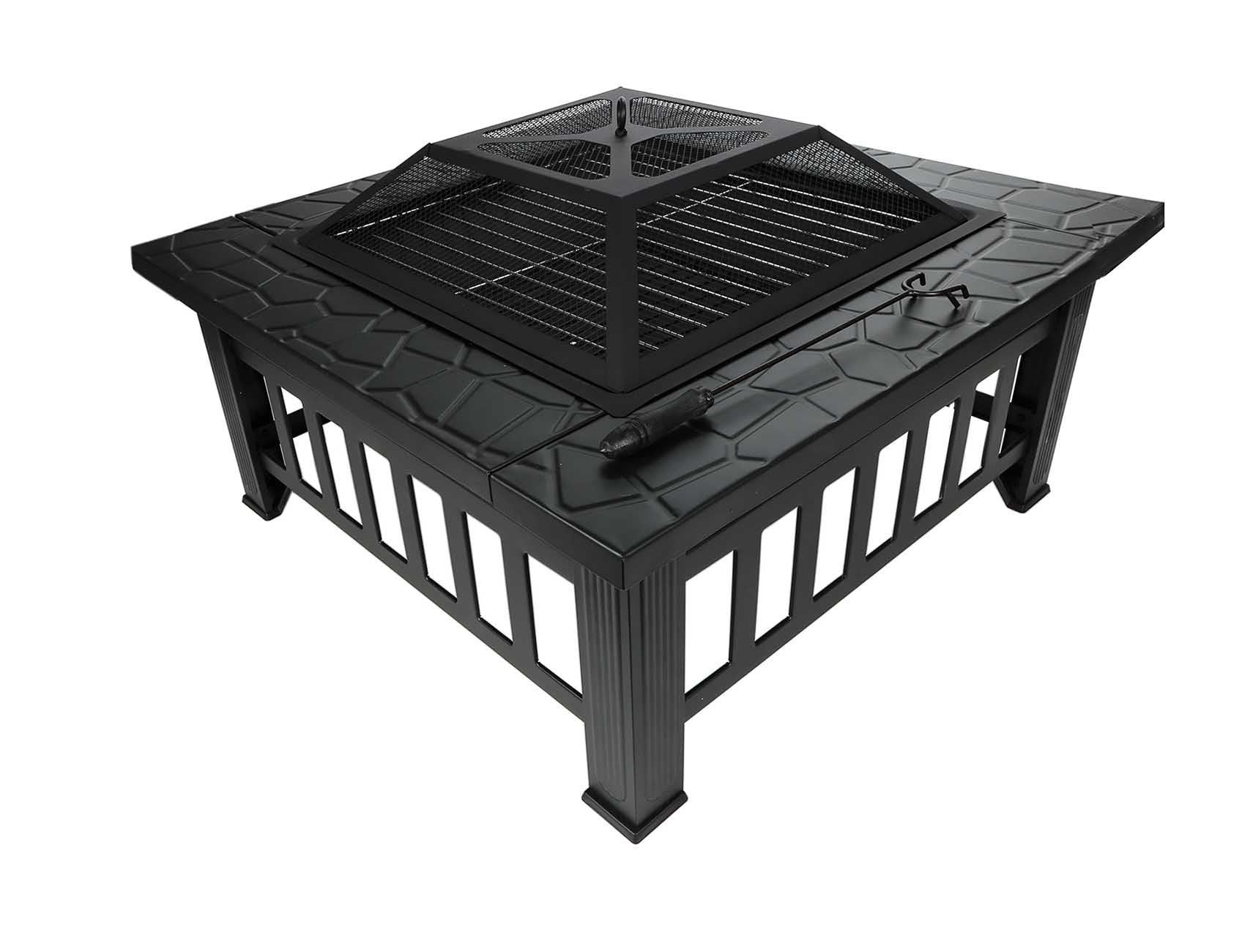 Feuerstelle für Terrasse und Garten in dekorativer Steinoptik, Terrassenofen und Grill mit Grillrost, Kohlerost, Abdeckhaube, Schürhaken und Regenplane
