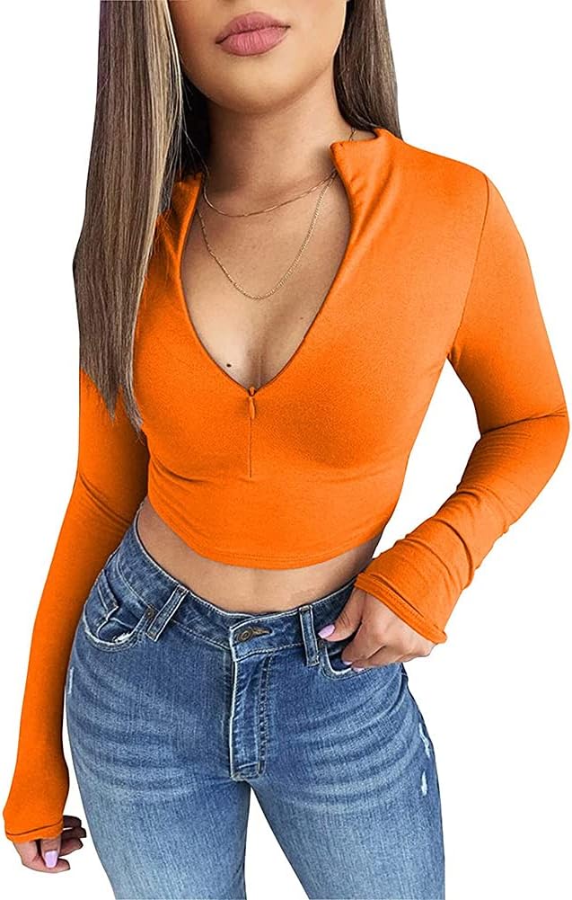 Artfish Women's Long Sleeve Quarter Zip Crop Tops Fleece Lined V Neck Fitted Sexy Cropped Shirts - Image 2