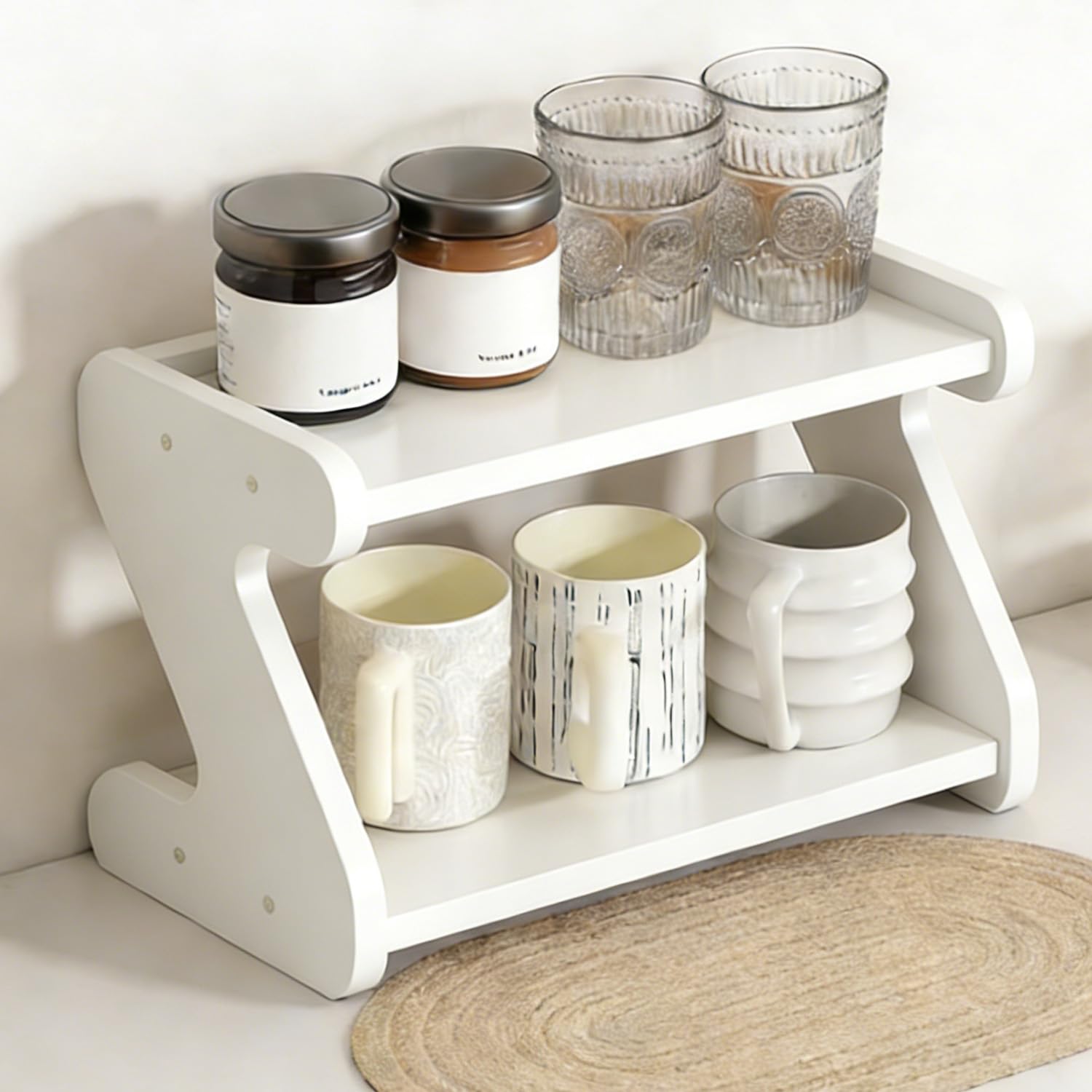 Soporte para tazas de café de 2 niveles, encimera rústica para cocina, oficina o baño, estante de almacenamiento de tazas blanco, elegante soporte de exhibición de vasos