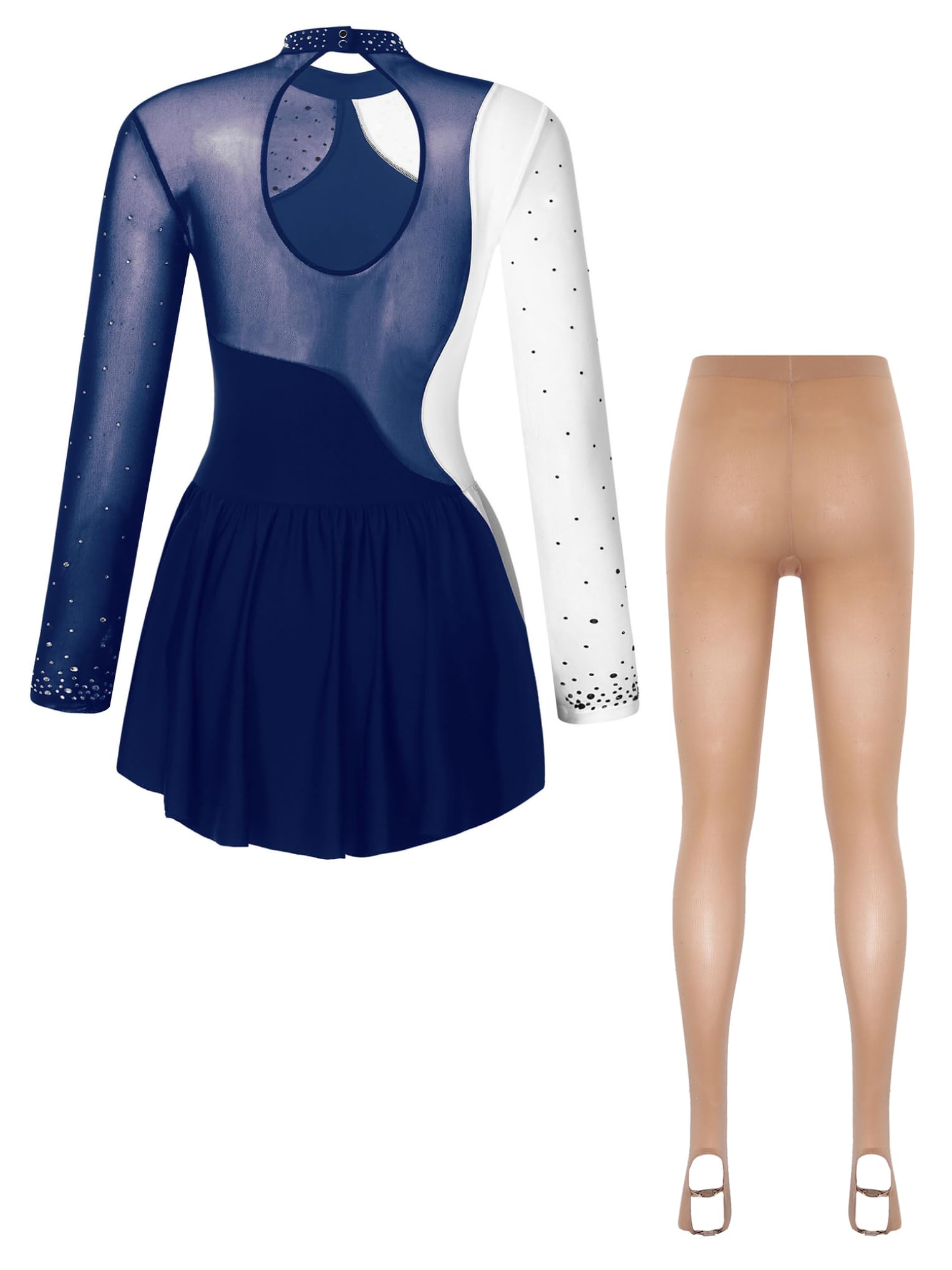Oyolan Femme Robe et Collant Patinage Artistique Patin Justaucorps Robe Manches Longues Strass