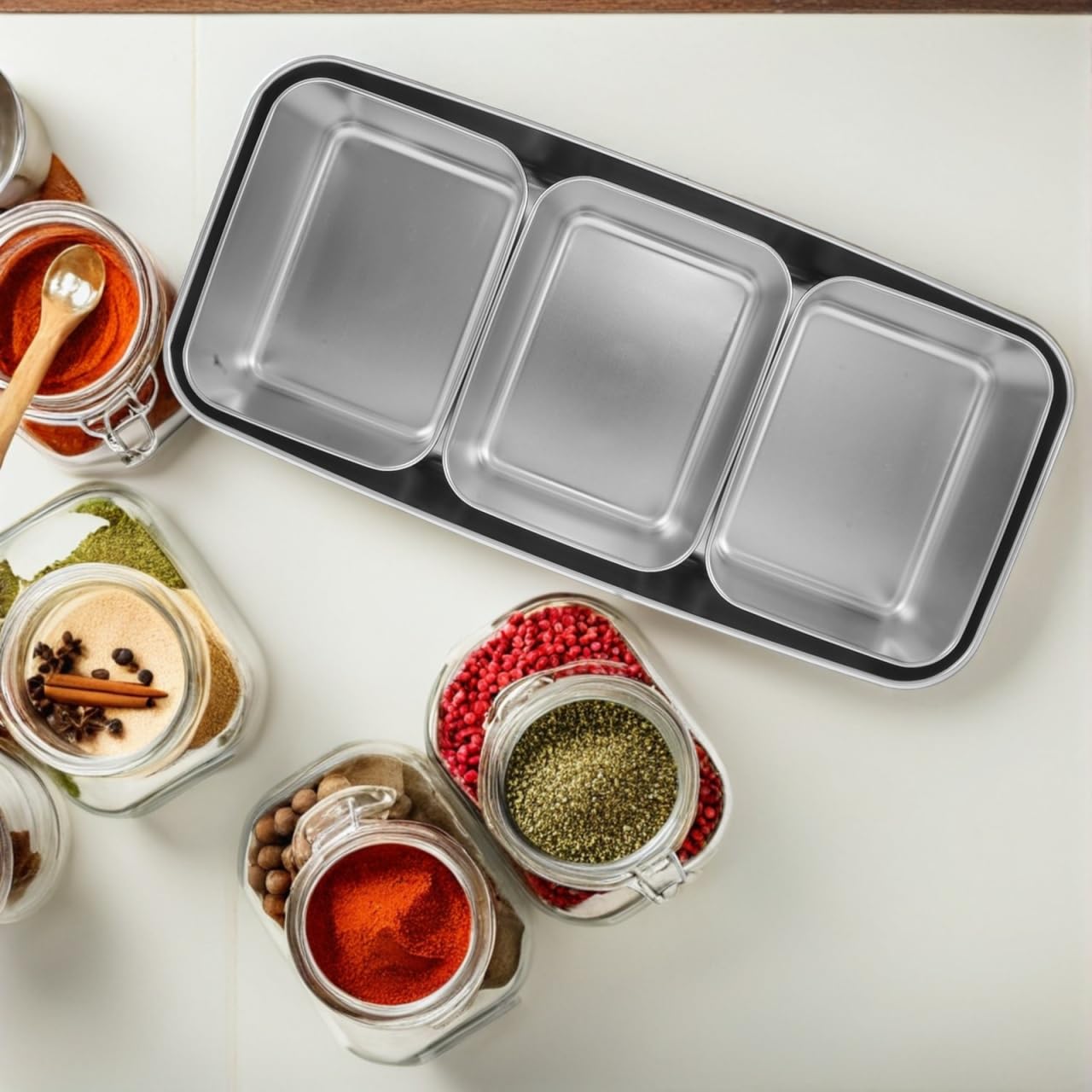 Boîte À Épices En Acier Inoxydable Avec Couvercle Hermétique Organisateur Compact À 3 Compartiments Pour Rangement Assaisonnement Cuisine Et Extérieur