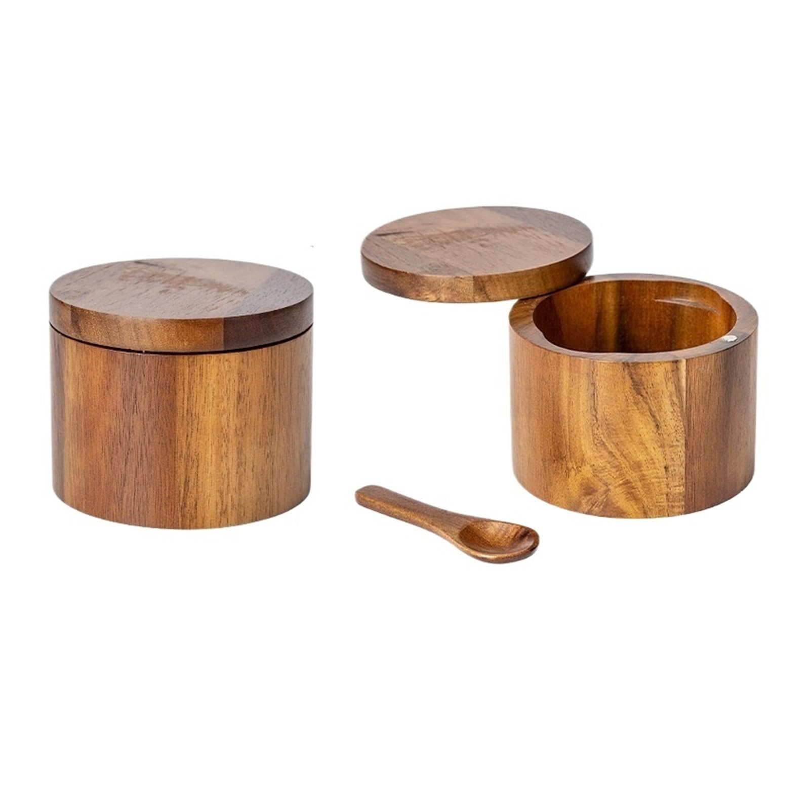LuoAXINN Wooden Salt Cellar Acacia Wood Salt and Pepper Bowl Box with Lid and Spoon Cellar with 360° Swivel Spice Seasoning Container(9 * 7cm color 1)