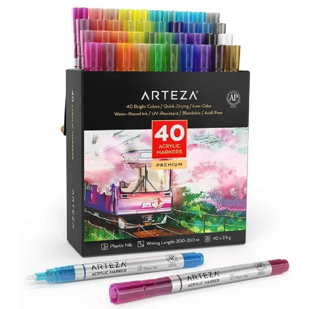 ARTEZA Pennarelli Acrilici per Pittura, Set 40 Colori, Pennarelli Indelebili Punta Fine a Lunga Durata con Pennino in Plastica per Metallo, Tela, Roccia, Superfici in Ceramica, Vetro, Legno e Tessuto