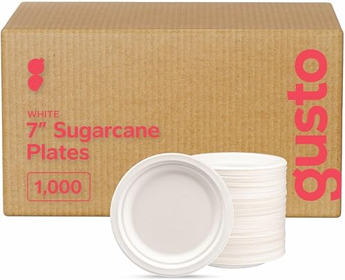 Miniatura 11 de GUSTO Caja de 500 platos desechables de 5 compartimentos 100% compostables, platos de papel de 10 pulgadas, bandejas ecológicas de caña de azúcar