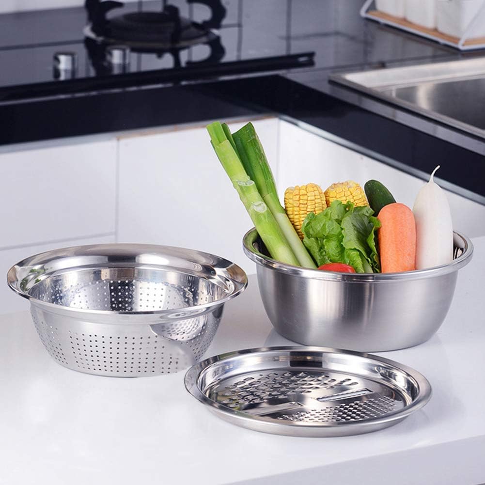 Stainless Steel Kitchen Basin Drain Basket Colander Set 3 in 1 Multifunctional Fruit Vegetable Julienne Grater Strainer Fine Mesh Basket Vegetable Rice Washing Bowl Set