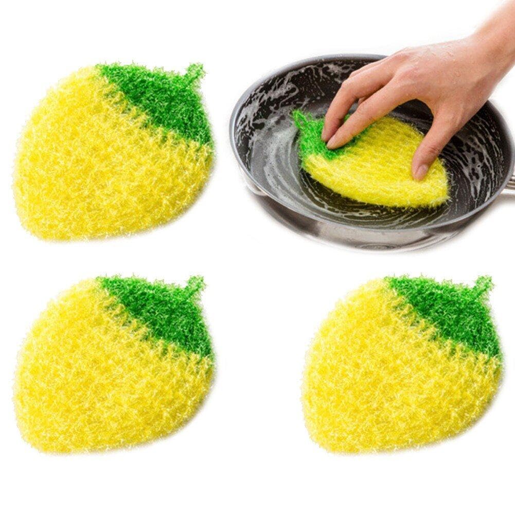 Wudaizhi Yellow 4Pcs Scouring Pads Fruit Strawberry Shaped Sponge Dish Scrubber For Kitchen Sink Dishes Bowl Plate Cleaning,