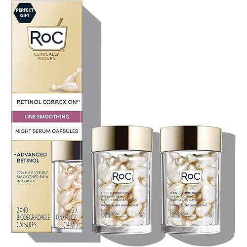 RoC Retinol Correxion Anti-Aging Wrinkle Night Serum, Retinol Serum for Face, Daily Treatment for Fine Lines, Post Acne Scars, 80 Capsules (Limited Edition Value Set), Unscented