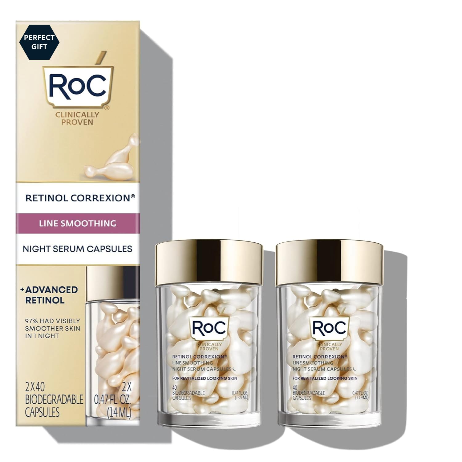 RoC Retinol Correxion Anti-Aging Wrinkle Night Serum, Retinol Serum for Face, Daily Treatment for Fine Lines, Post Acne Scars, 80 Capsules (Limited Edition Value Set), Unscented