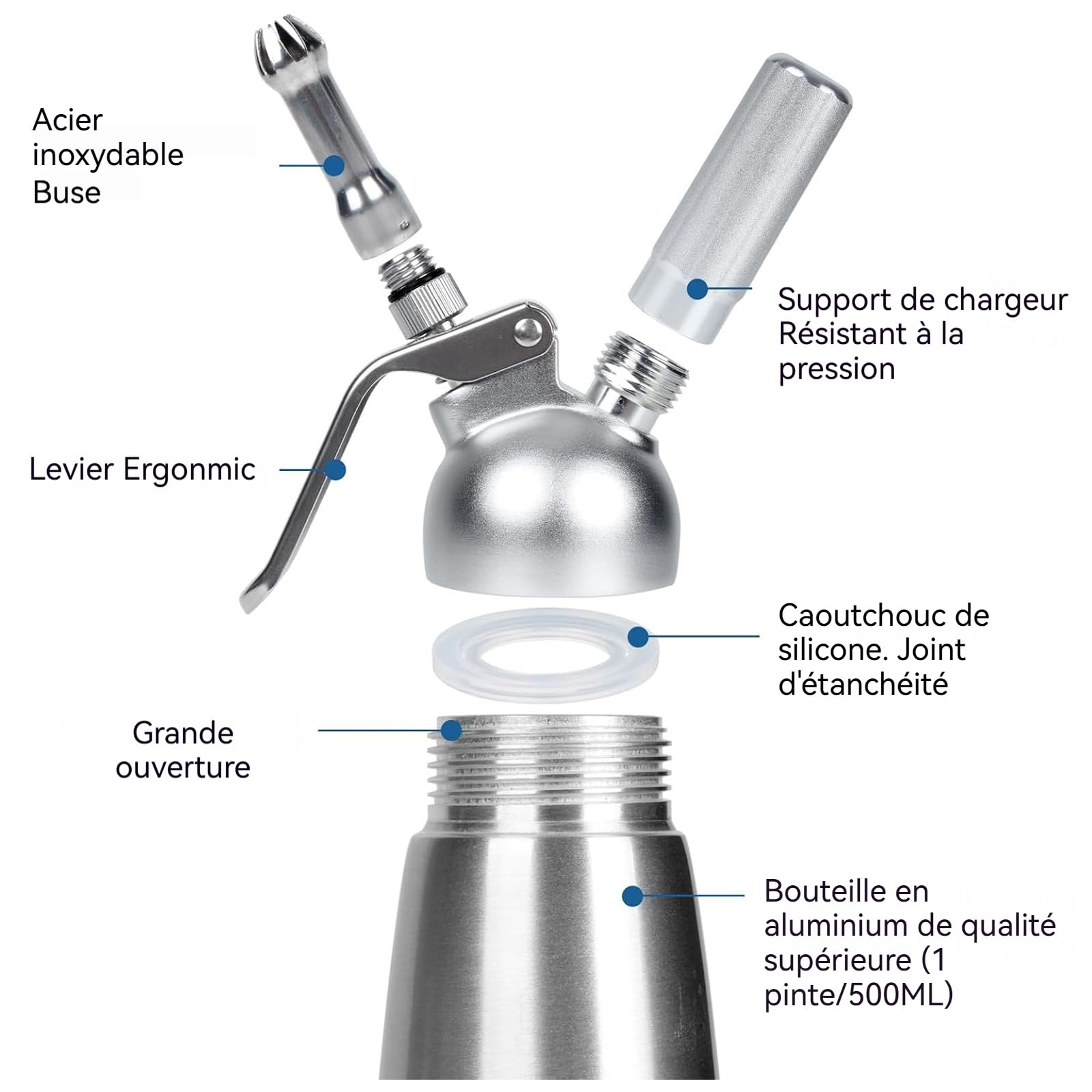 Siphon Chantilly - 500ml -Quatre Accessoires Inclus - matériau en Acier Inoxydable - Résistant à l'usure et la Pression