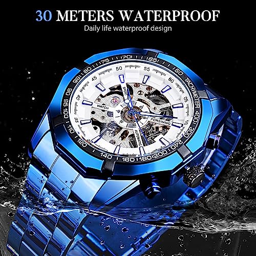 Image of FORSINING Men's Watch Self-wind Skeleton Hollow Out Mechanical Automatic Luxury Watches, Blue Black Stainless Steel Band Waterproof Wristwatch