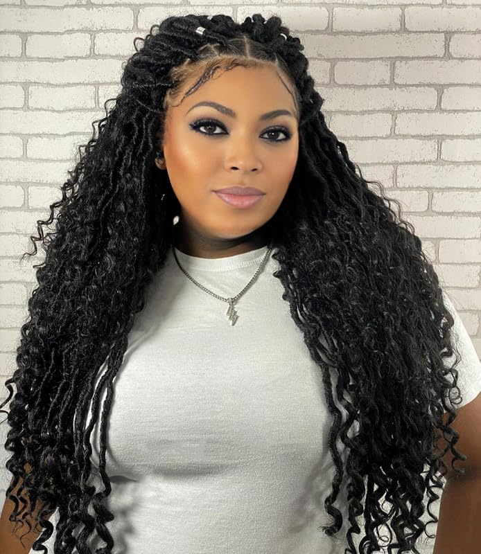 Goddess Locs Crochet Hair 22 Inch Faux Locs Crochet Hair for Black Women 6 Packs Boho Crochet Locs With Curly Ends 1B