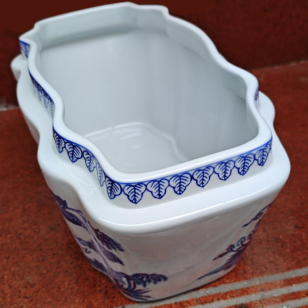 Niebiesko-Biała Ceramiczna Doniczka – Owalny Wazon W Stylu Vintage Z Motywem Kwiatowym Na Rośliny Doniczkowe, Kwiaty I Sukulenty – Szkliwiona, Dekoracyjna Misa W Stylu Ch,non-perforated