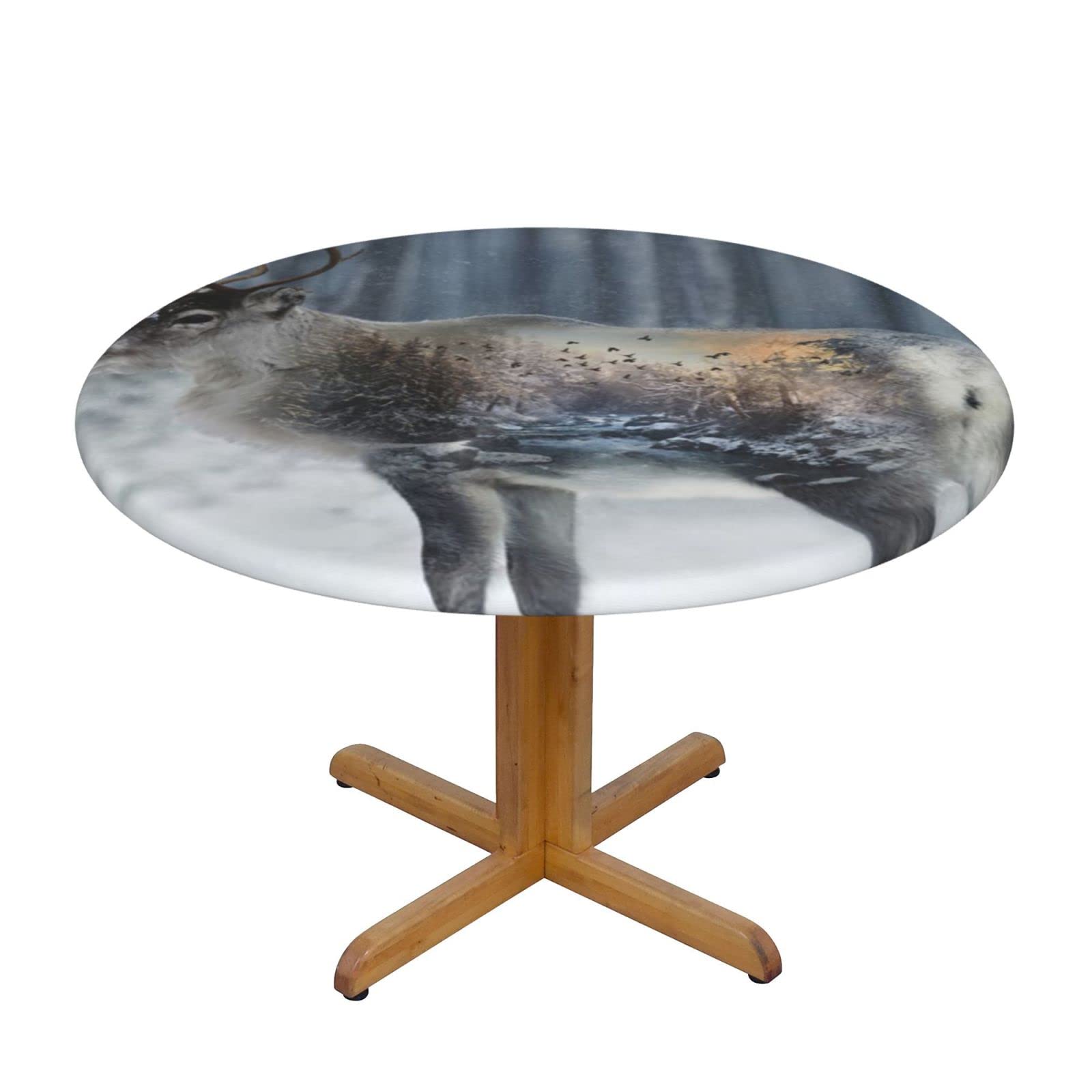 Lsjuee Round Fitted Tablecloth 45-50in Elastic Edged Table Cloth for Kitchen Dining Party Home Decor - Winter Deer Abstract Nature