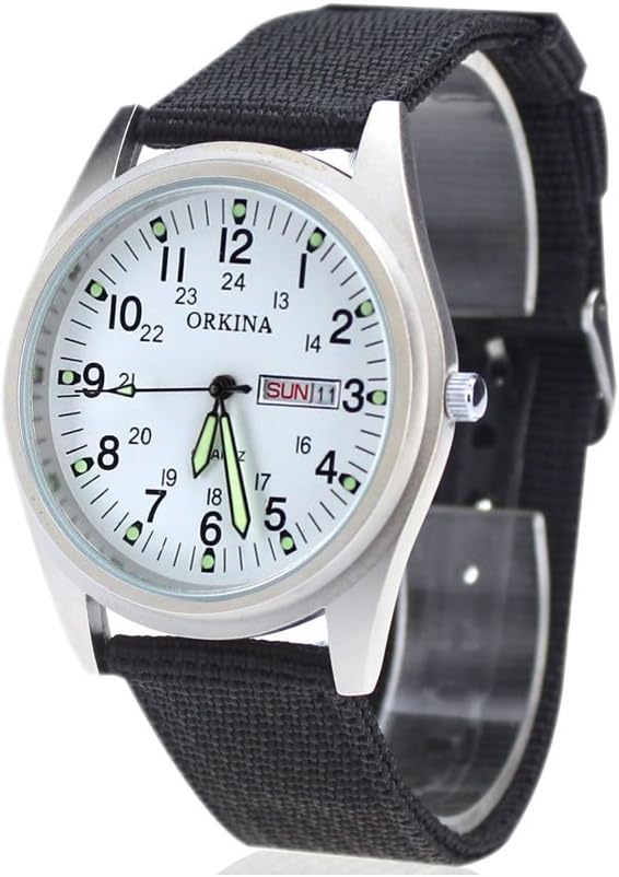 Orkina Mens White Dial Quartz Nylon Date Day Fabric Band Wrist Watch P104CA-SW