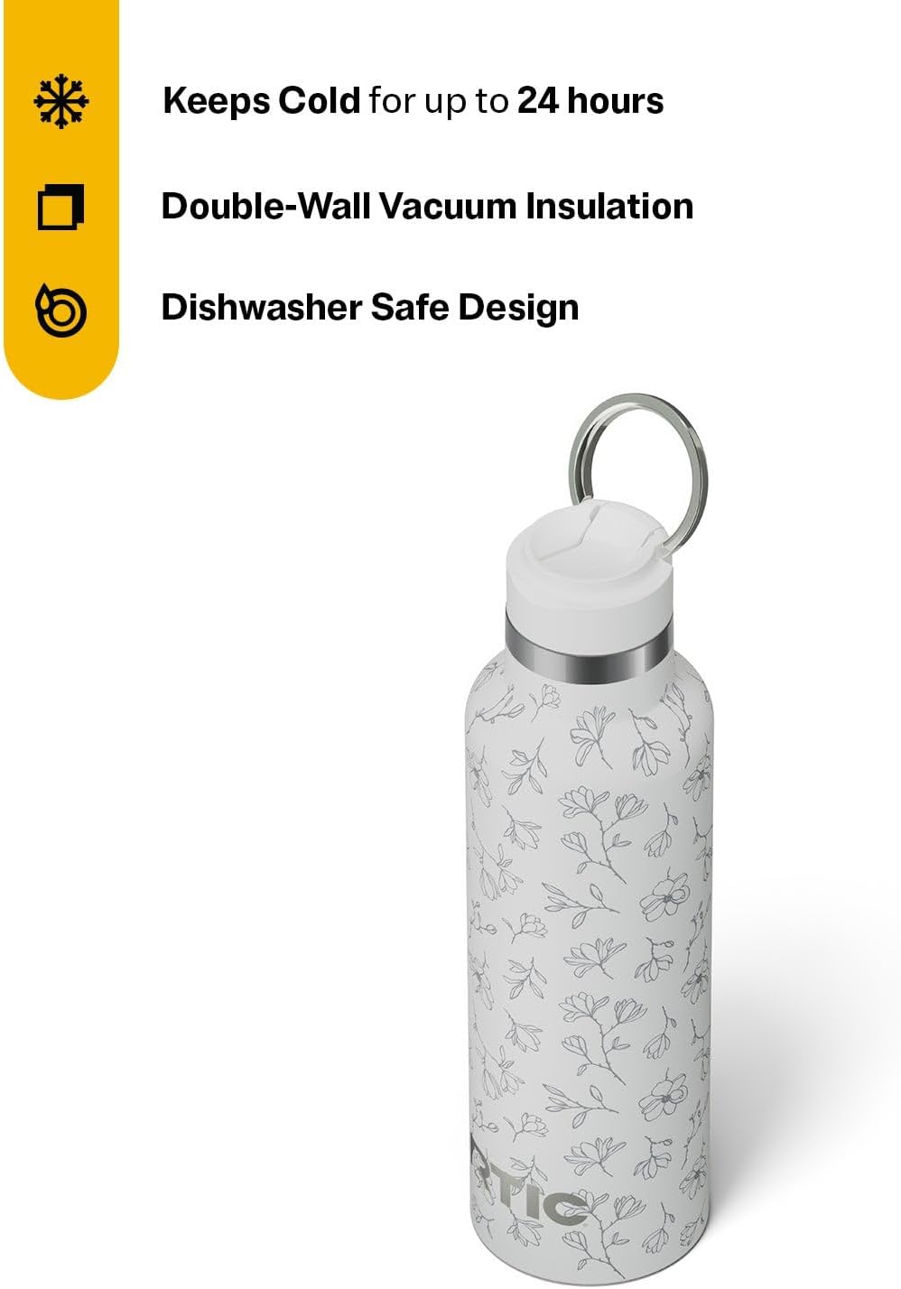 RTIC 20oz Journey Water Bottle Ceramic Lined Metal Stainless Steel Vacuum Insulated, BPA Free, Reusable, for Water, Hot and Cold Drinks, Travel, Sports, Camping, White Magnolias