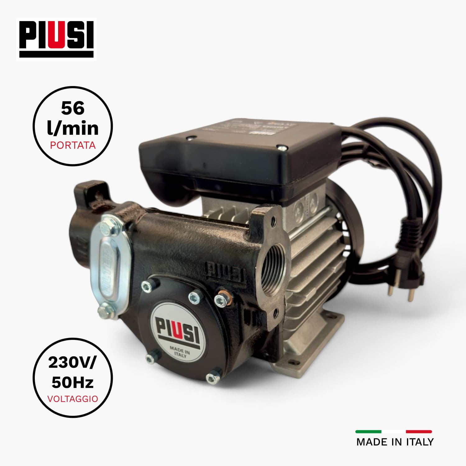 PIUSI Pompa Travaso Gasolio Elettrica Professionale - Portata 56 l/min 230V, Corpo in Ghisa, Ciclo Continuo, Valvola Bypass Integrata | Panther 56 (F00730000)