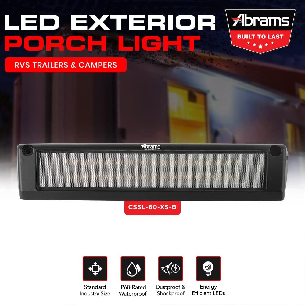 Abrams 13" LED RV Exterior Porch Light - 60W Utility Lighting for Campers Trailers Motorhomes Marine Boats [6,000 LM] 45° Down Work/Scene/Flood Awning Light [IP68] 9-32V - Black Accent Area Lights