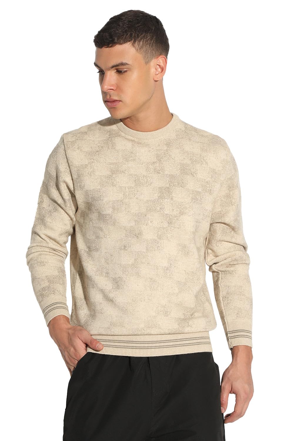 showoffff Men's Geometric Beige Ribbed Round Neck Sweater-LBR-2512_Beige-picture-28