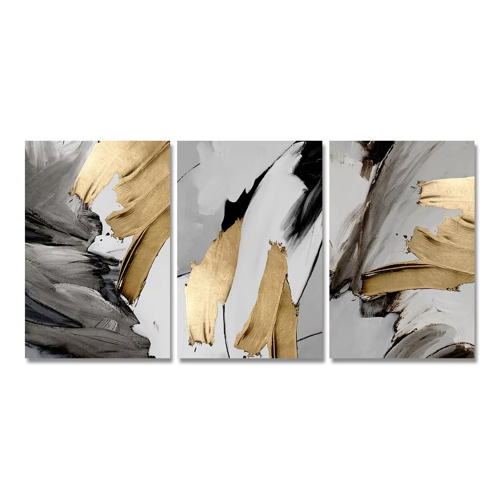 XIANGPEIFBH 3-teiliges Set rahmenloser, luxuriöser, abstrakter, grau-goldener Gemälde als Wandbilder auf Leinwand für Wohnzimmer, Homeoffice (60x90cm/24x35in) x3 Ungerahmt