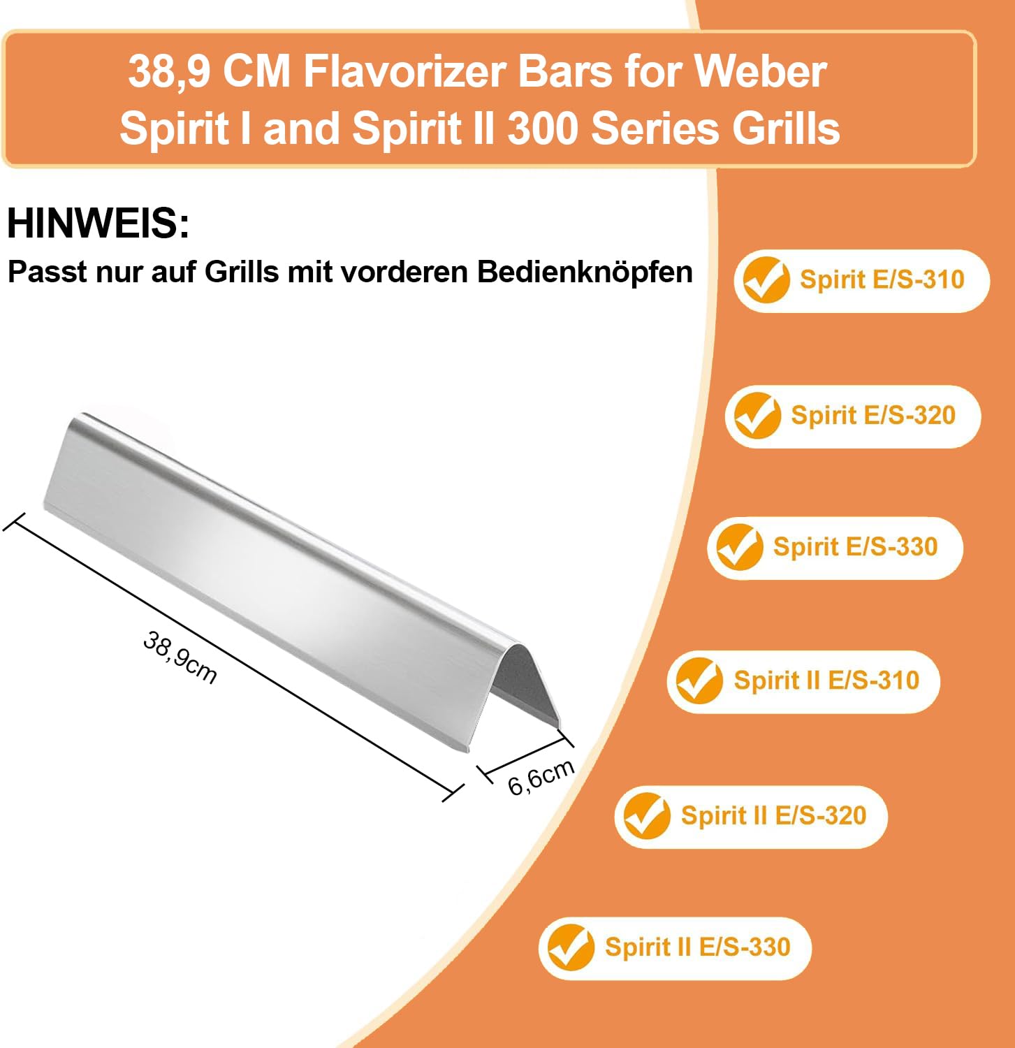 Barras de Sabor de Acero Inoxidable 7636 para Weber Spirit I & II 300 Series, Spirit E310, E320, E330, S310, S320, S330, 38,9 cm, para Placa de Calor de 38,9 cm, para Weber Spirit