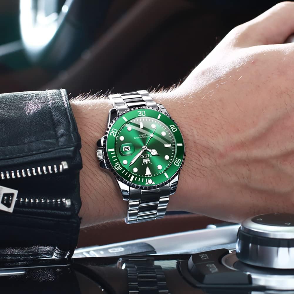 OLEVS Mens Watch Big Face Silver Stainless Steel Analogue Quartz Watches Men Green Dial Rotatable Bezel Calendar Men's Dress Watch Waterproof Luminous with Date Watches for Men Reloj para Hombre - Image 3