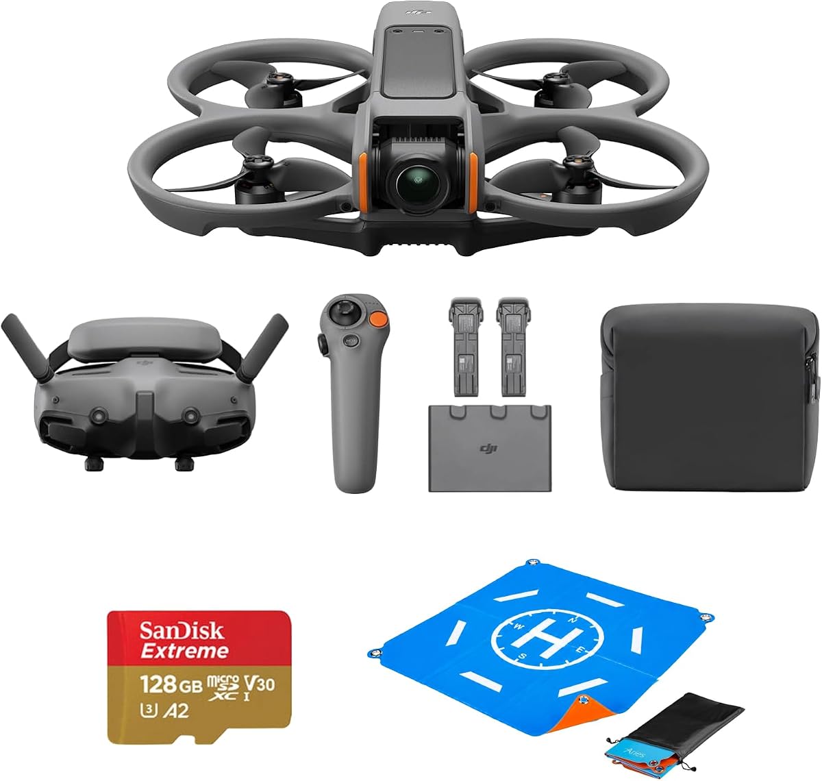 Avata 2 Fly More Combo (3 baterías) FPV Drone con cámara 4K, acrobacias de un solo empuje, protector de hélice, 155 FOV, dron con cámara, gafas 3 y RC Motion 3 + tarjeta SD y plataforma de aterrizaje,gris, apto para principiantes