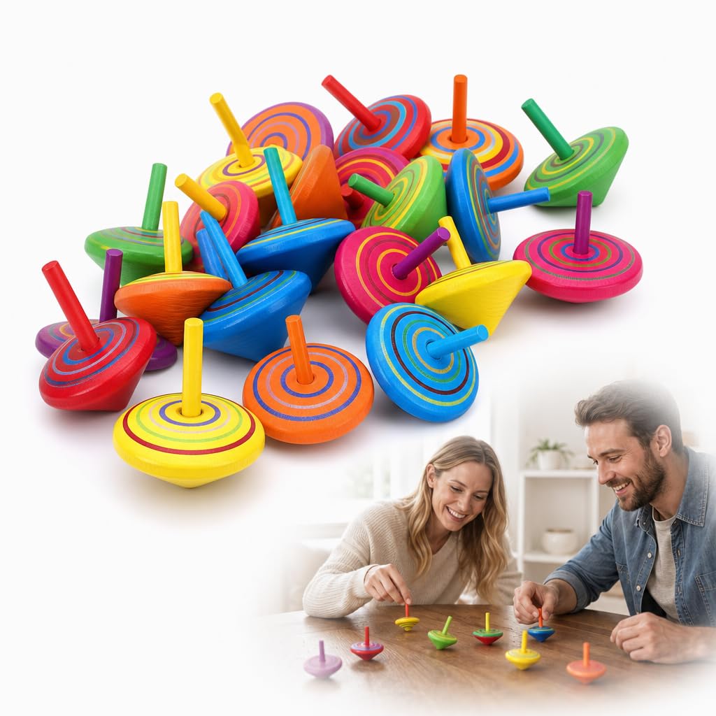 20 Colourful Wooden Spinning Tops, Gyroscope, Party Bag Fillers