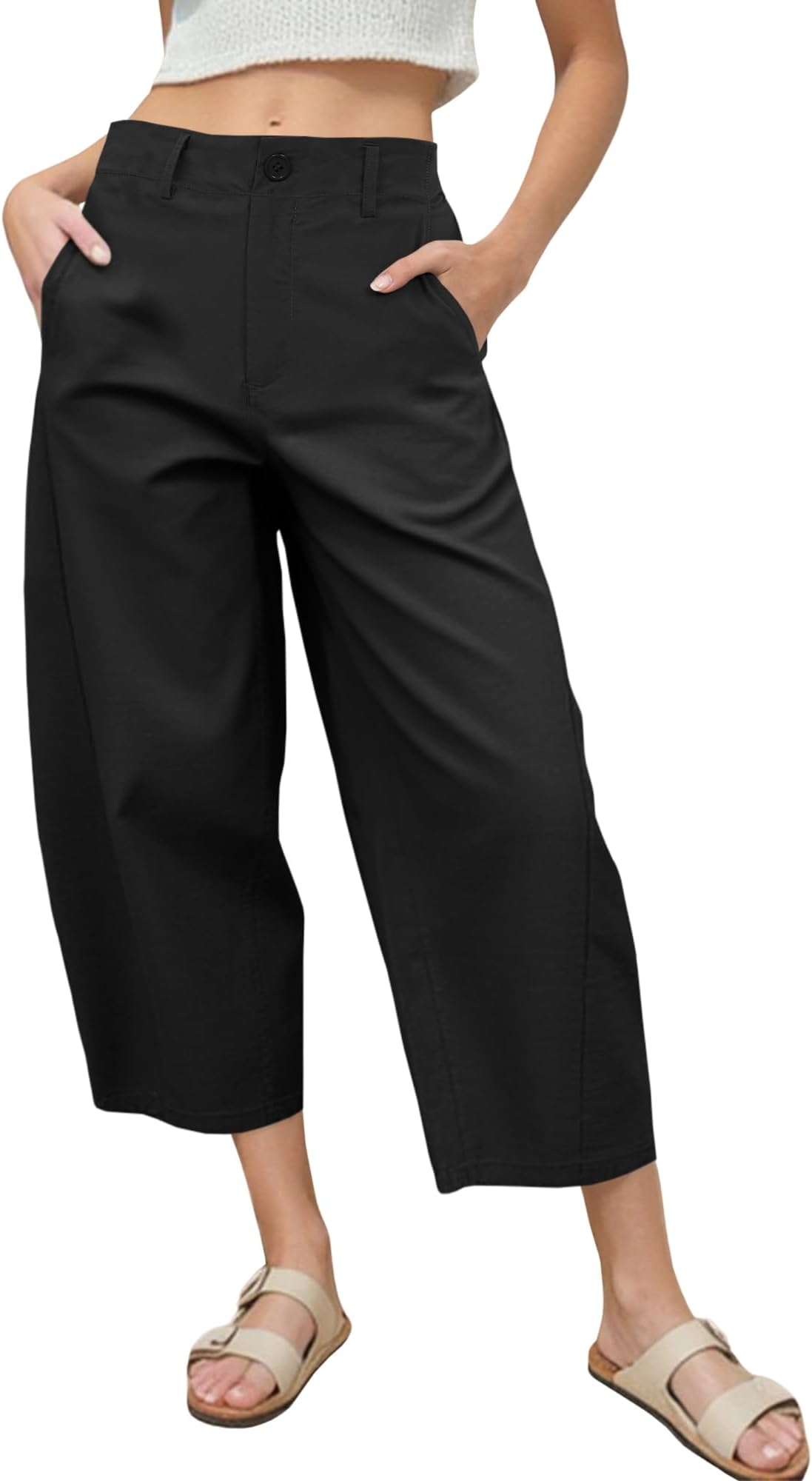 Women's Barrel Leg Pants Casual High Waisted Summer Baggy Harem Pants Trendy Elastic Waist Trousers with Pockets