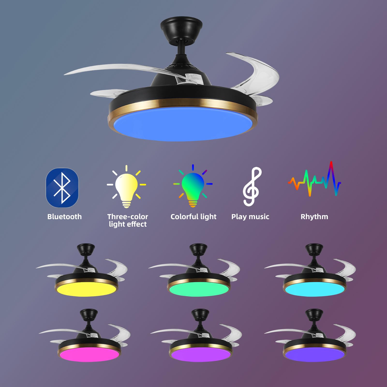 24W Ventilatore da soffitto con Telecomando, Dimmerabile Ventilatori a Soffitto con Altoparlante Bluetooth e Reversibile, Ventilatore da Soffitto con Lampada e pale a scomparsa per Camera da Letto