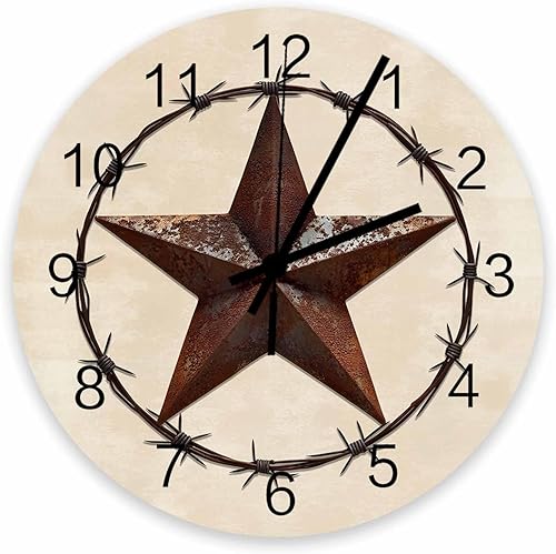 Reloj de pared vintage con estrella silencioso, sin tictac, Texas Farmhouse Star Reloj de grano de madera rústica, funciona con pilas, relojes de
