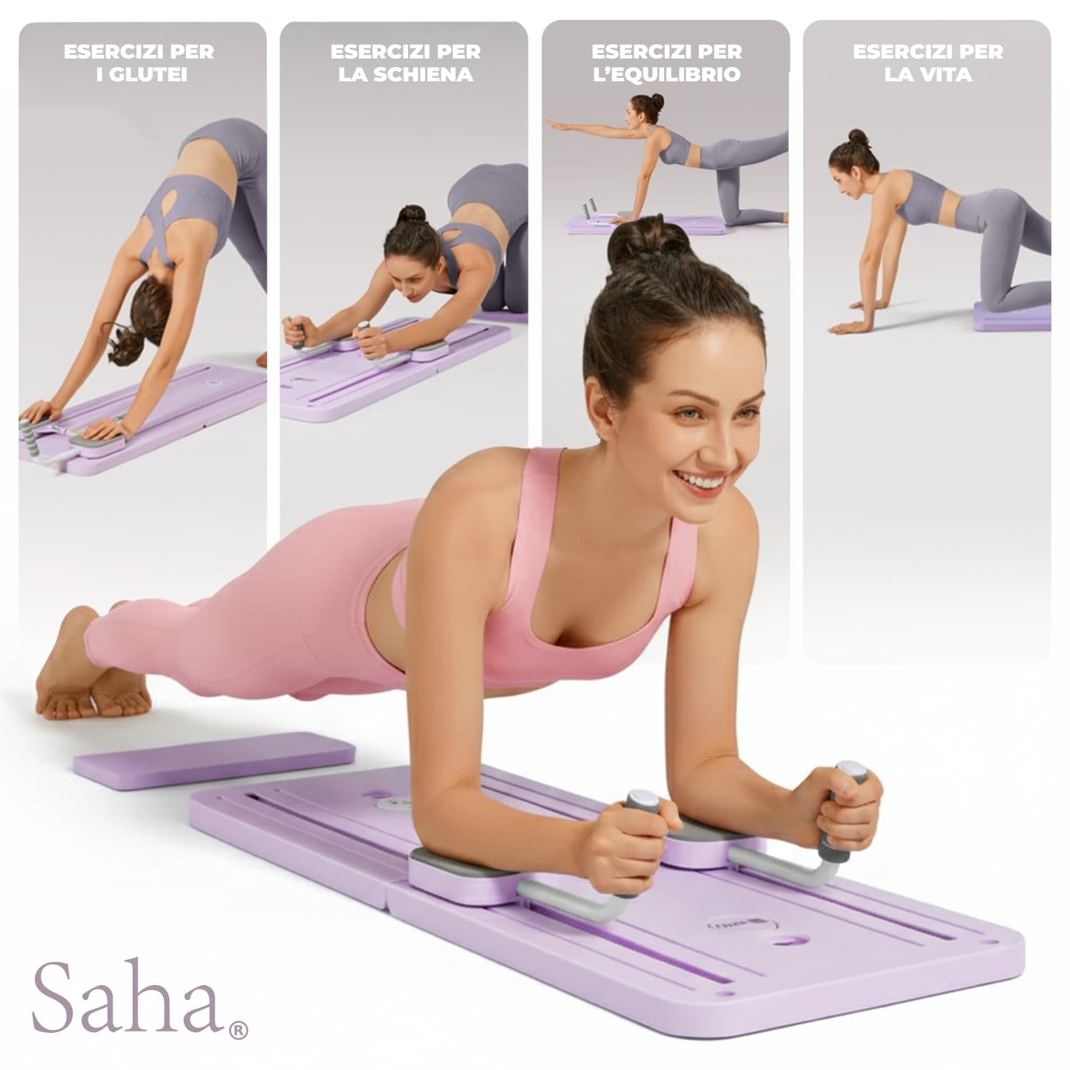 Saha® Tavola Pilates Reformer Viola | Attrezzo Addominali Fitness Casa con Bande di Resistenza, Maniglie e Timer | Yoga Core Allenamento Corpo Completo | Original Corner