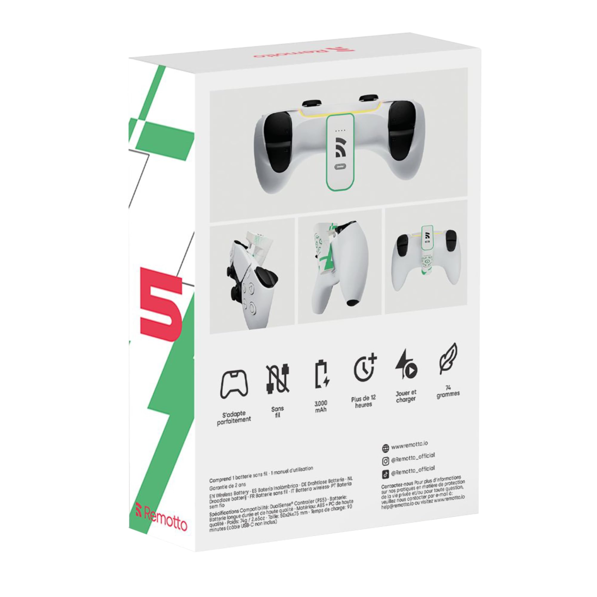 Remotto Battery Edition FC – Cargador inalámbrico PS5 – Batería portátil para DualSense Jugar Durante la Carga – Larga duración de la batería +12 Horas de duración – Accesorio PS5