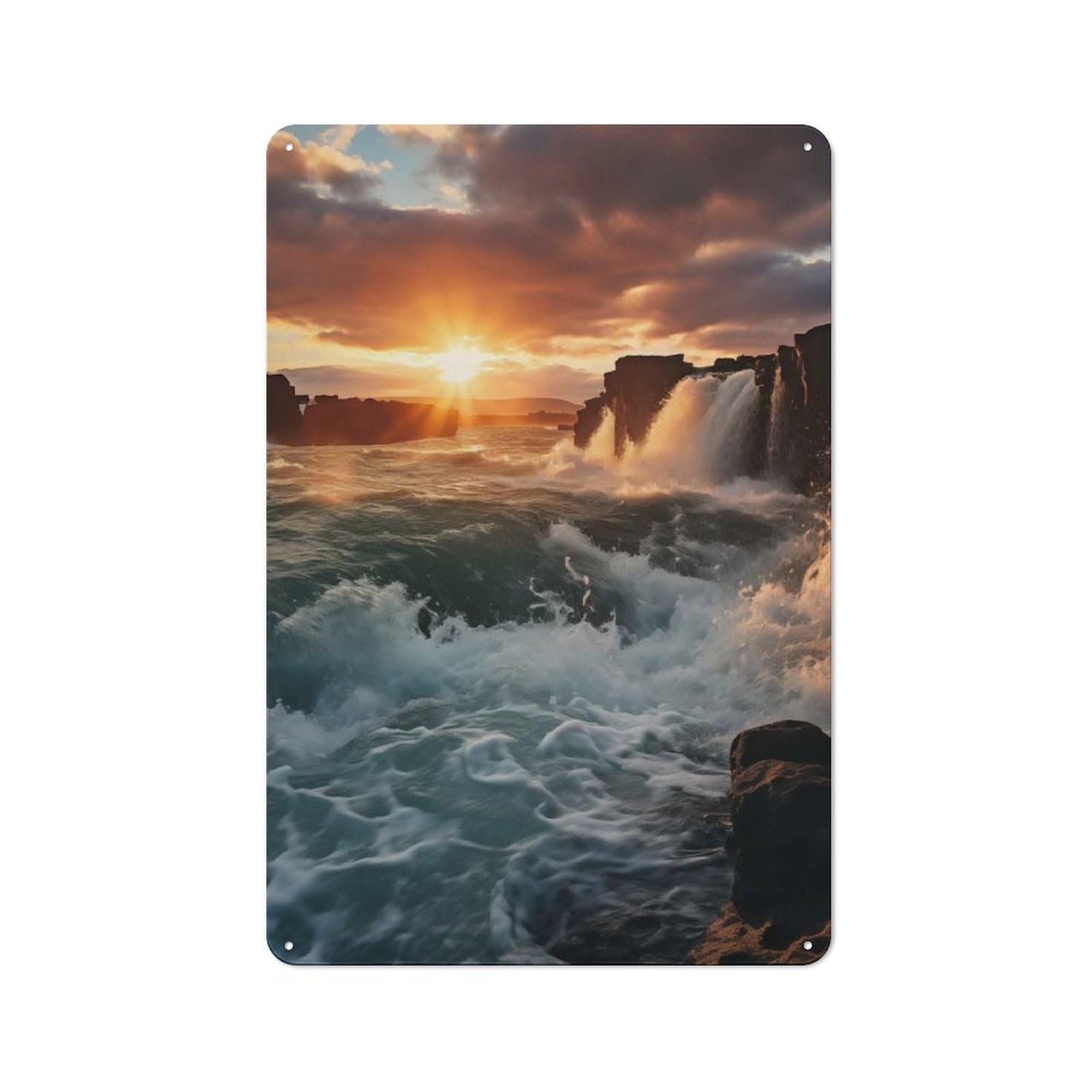 Retro Tin Sign 30x20cm Featuring Waterfall Sunset for Home Bar Wall, for Collectors Decorating Home Bars And Entertaining Spaces