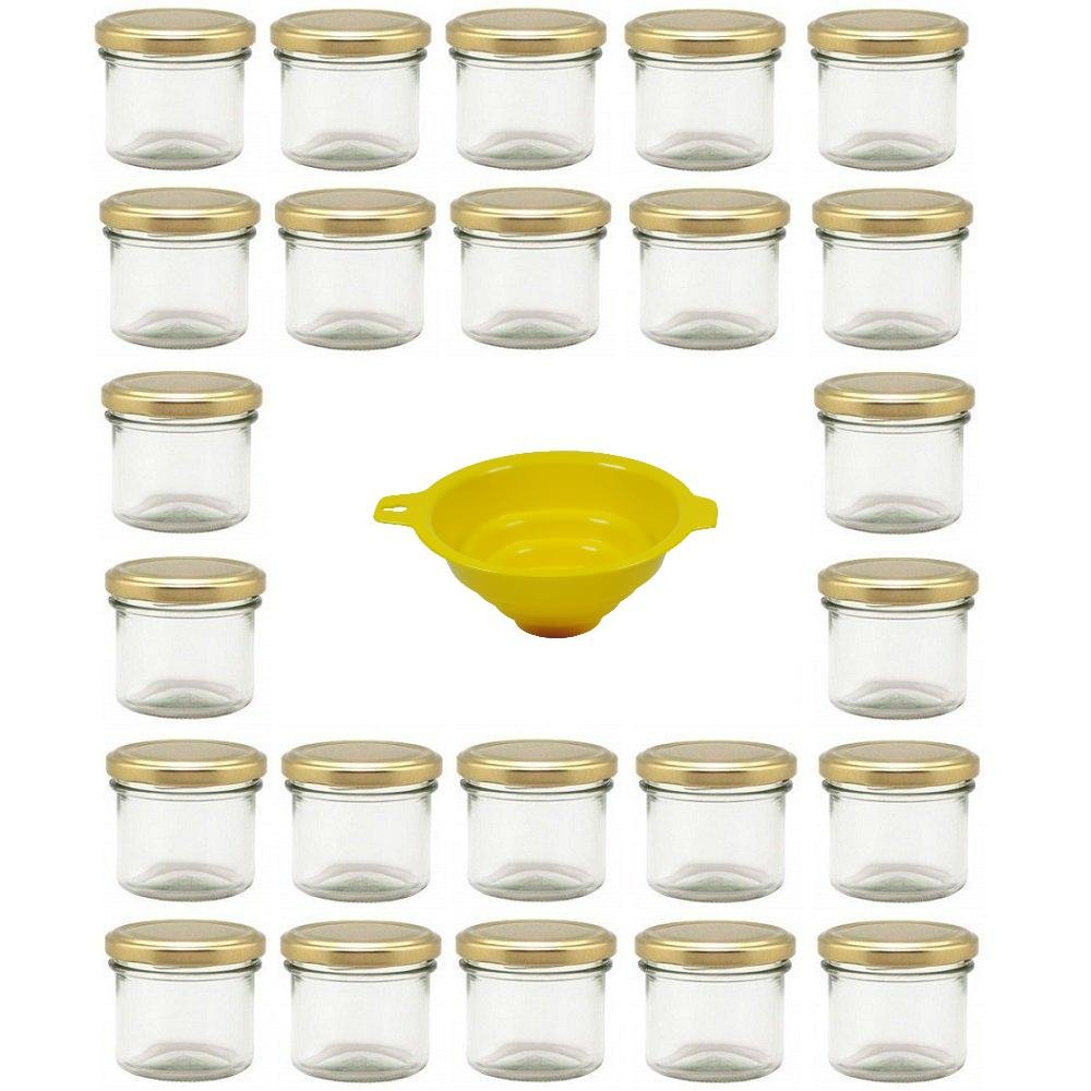 Viva Haushaltswaren G1130125/24T/X Lot de 24 Petits Pots de Confiture avec Couvercle doré 125 ML + Entonnoir Jaune avec système de Blocage