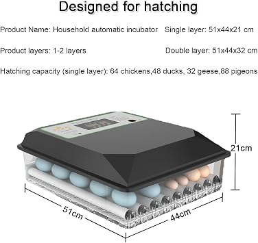 Egg Incubators for Hatching,64 Egg Incubator,Intelligent Incubator,Automatic Egg Turning,Automatic Temperature and Humidity Control,with Led Egg Lighting,for Hatching Chicken,Duck,Quail