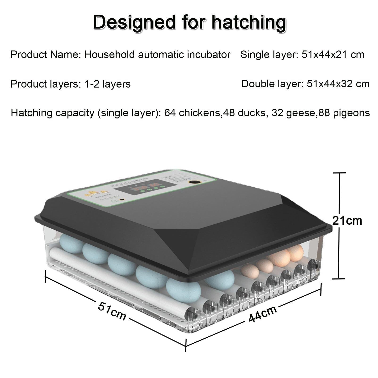 Incubadora de huevos para incubar 64 huevos, inteligente automática con giro de huevos, control de temperatura y humedad, iluminación LED para pollos, patos, codornices