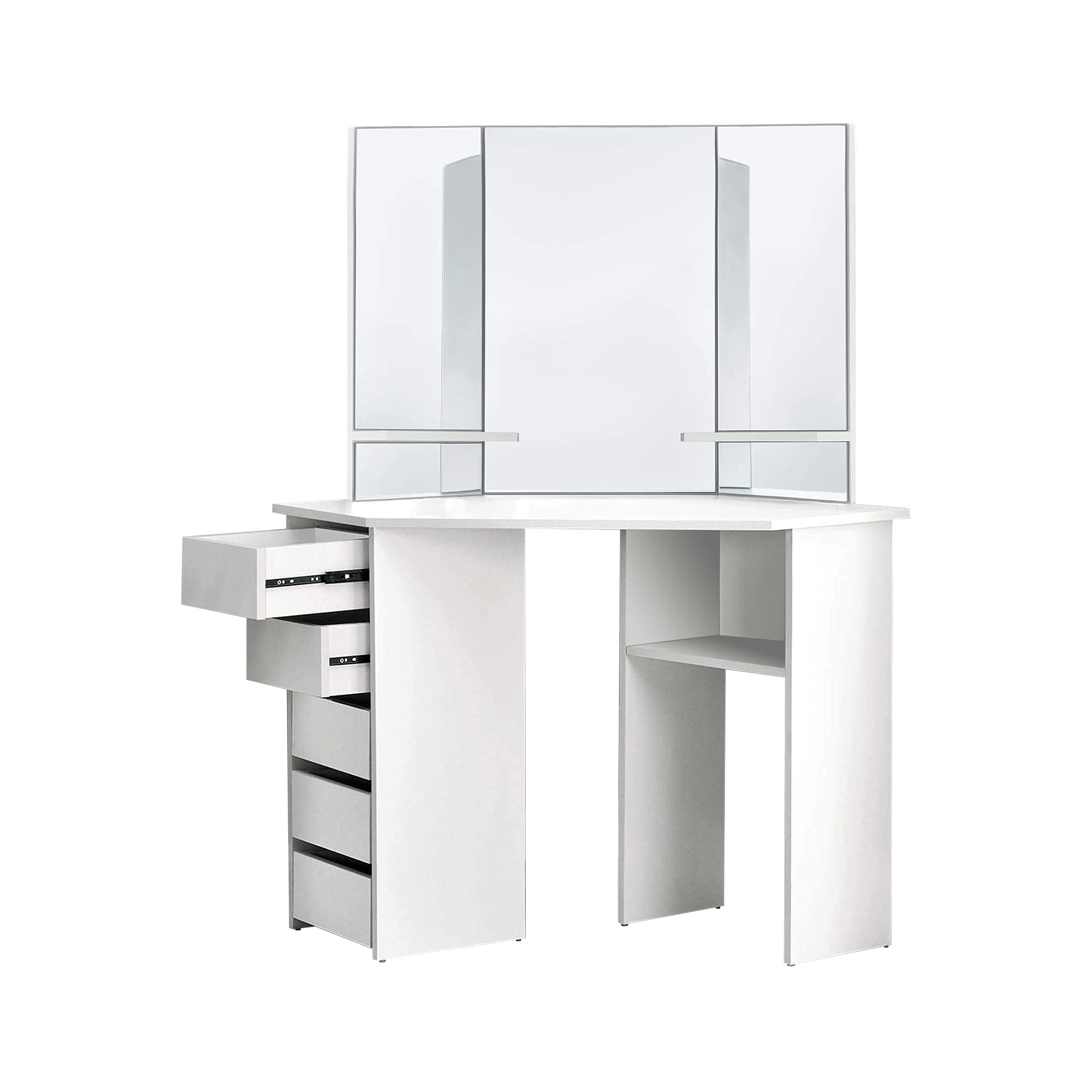 ML-Design Tavolo Cosmetico ad Angolo Bianco da Trucco con 3 Specchi 5 Cassetti e 3 Scomparti 110 x 141,5 x 54 cm Tavolino da Toelette per Donne e Ragazze Spogliatoio in Legno MDF