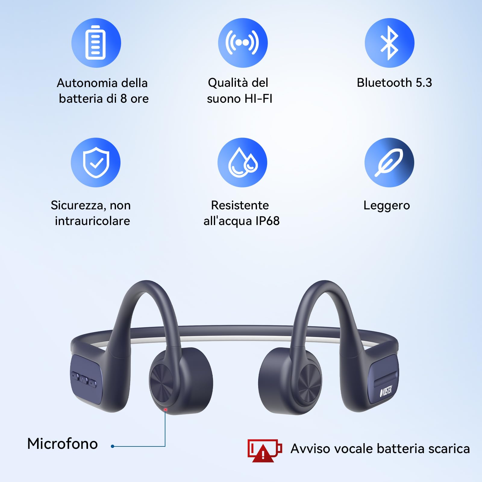 Voistek Cuffie Conduzione Ossea Bluetooth, Auricolari Sportivi Open Ear Wireless IPX8 Impermeabili con Lettore MP3 Integrato da 32GB, Cuffie per Corsa, Ciclismo, Fitness e Guida (Blu)