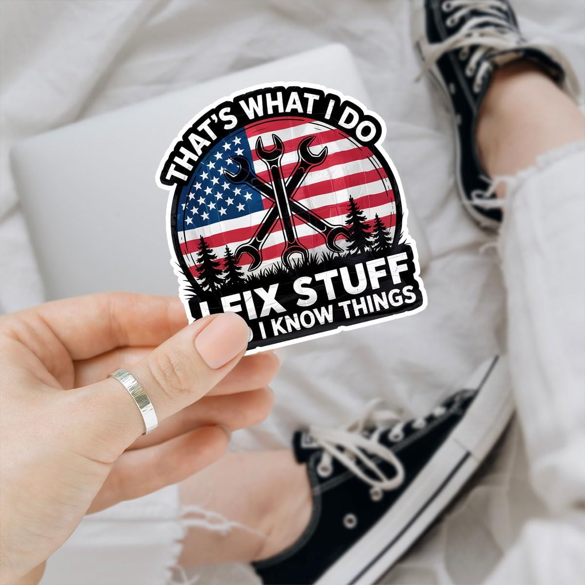 3Pcs That's What I Do I Fix Stuff and I Know Things Sticker Gifts Patriotic Mechanic Humor Stickers USA Flag for Shop Technicians Car Decal for Laptop Tumbler Toolbox Phone Case 3" image 2