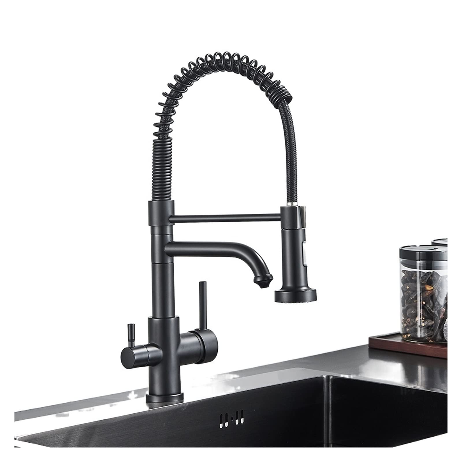 ZQFHSX Matte Black Kitchen Faucet with Water FilterDual Handle Hot & Cold Drinking PullOut Mixer TapPurifin System for Clean (Matte B)
