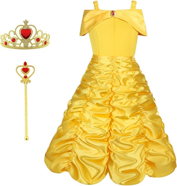 Vicloon Princess Belle Costume Dress, 3 Pcs Little Girl Princess Dresses Fancy Party Dress, Belle Dressing up Costume Fancy Dress Childs Party Outfit for Kids Girls Age 3-9 Years