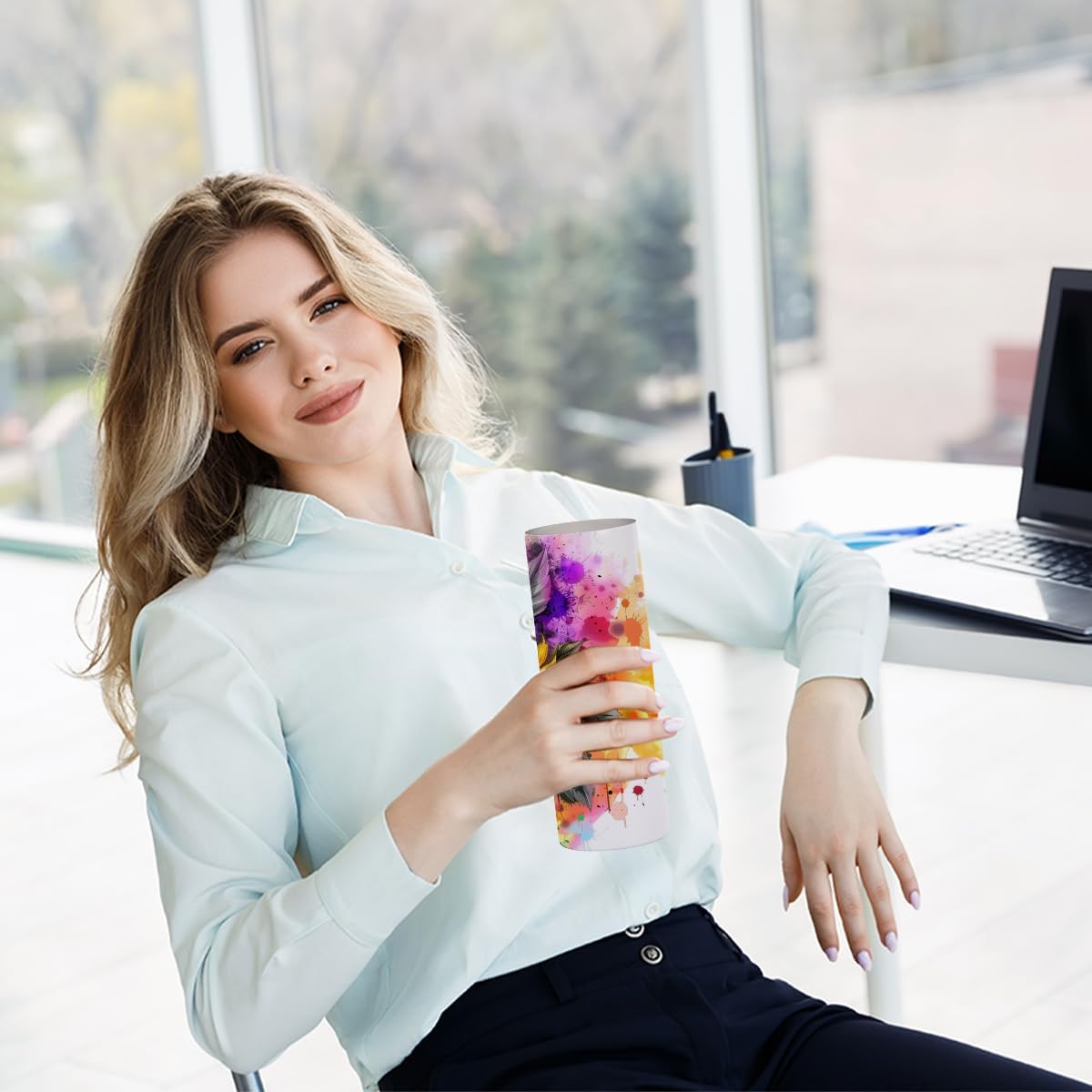 Watercolor Sunflower 20 oz Skinny Tumbler Stainless Steel Slim Insulated Tumblers Straight Water Bottle Coffee Mug Thermal Travel Cup with Lid, Christmas Birthday Sunflower Gifts for Women Friends - Image 4