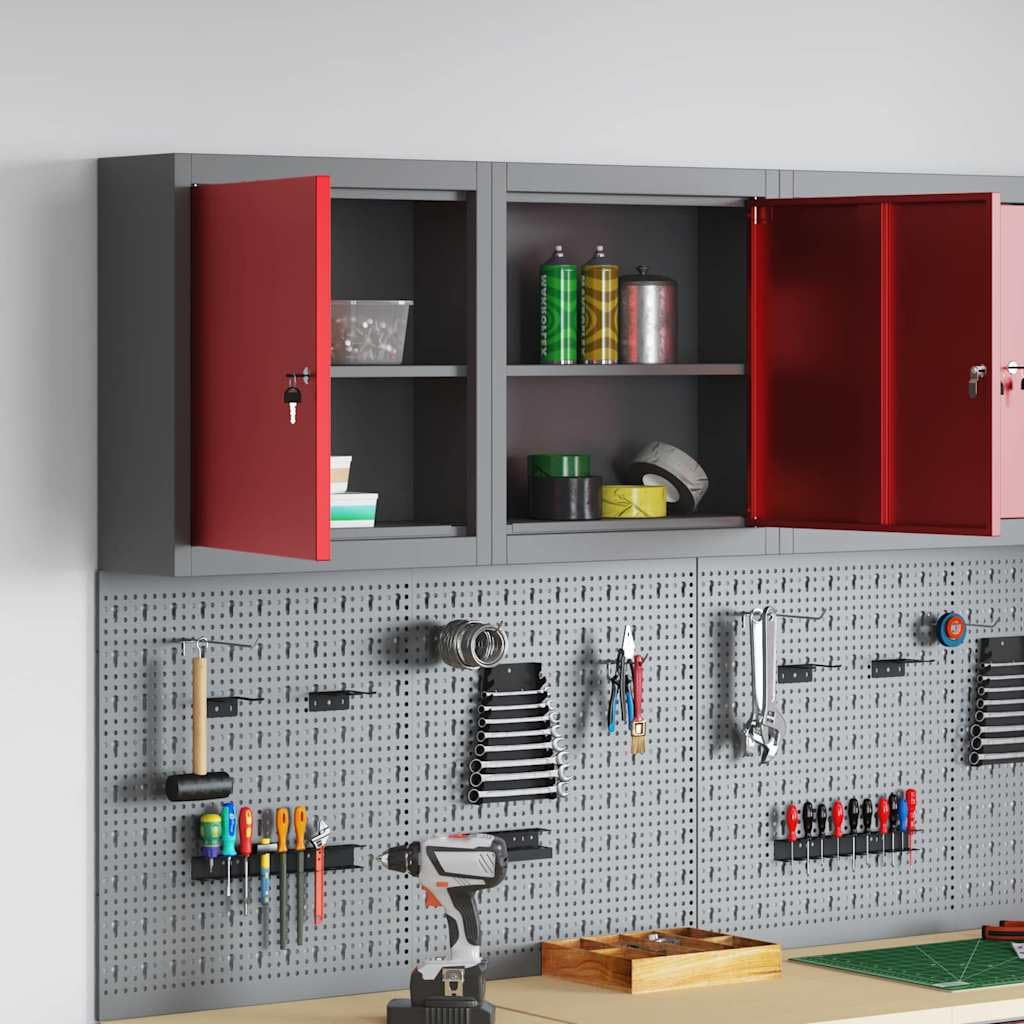Szafka narzędziowa z regałem w kolorze czerwonym i szarym, wykonana ze stali i materiału drewnopochodnego, 50 x 20 x 55 cm, z zamkiem, regulowanymi półkami stalowymi, idealna do warsztatu