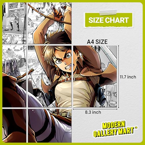 Image of MODERN GALLERY MART Pack of 20 Attack on Titan Eren Yeager Manga Poster | A4 Size Anime Wall Art (8.3 x 11.7 inch) | Manga Posters with Glue Dots | Anime Poster for Bedroom, Living Room, Office