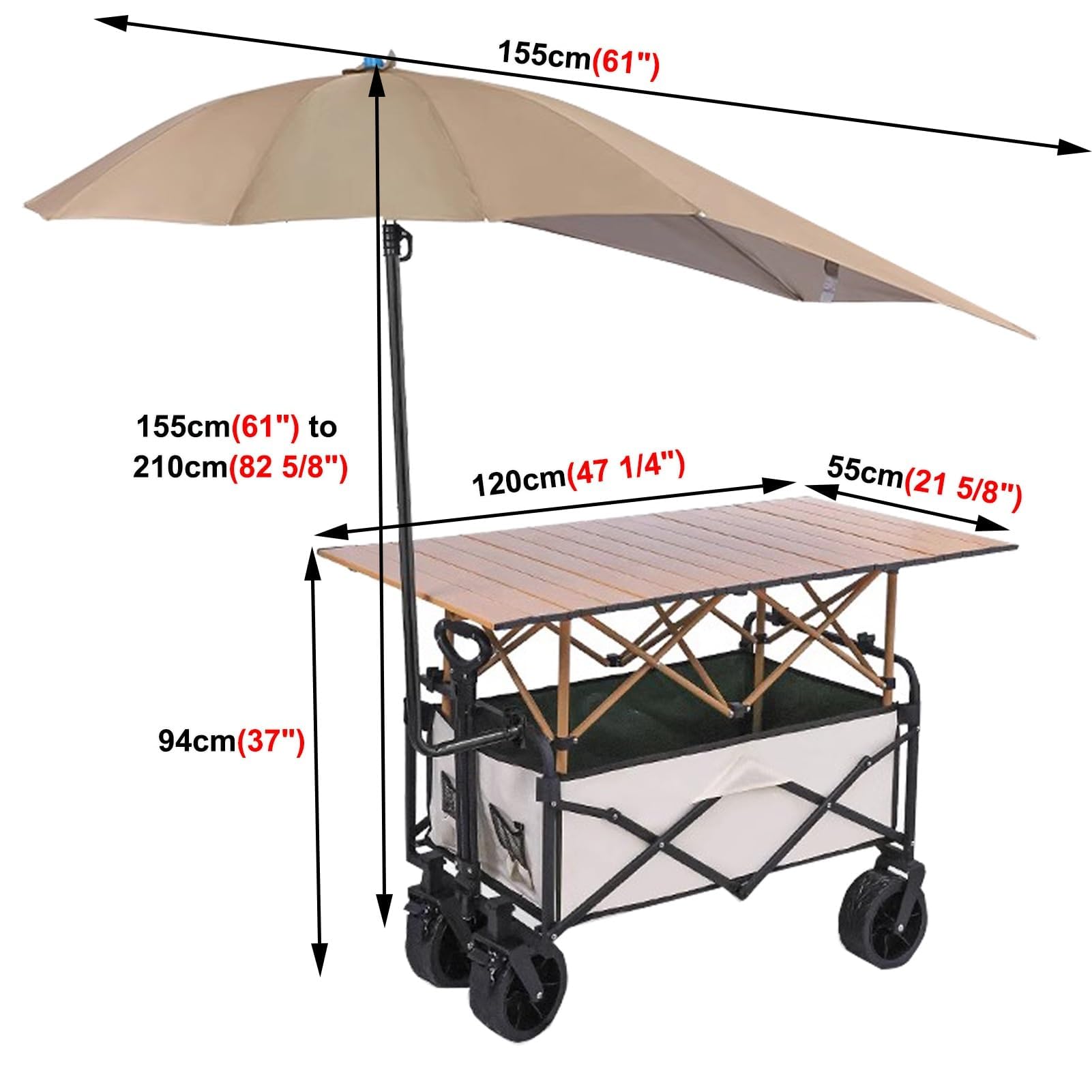Carrello portatile con ombrello, carrello pieghevole con ruote, per eventi all'aperto, festival, spiagge - uso commerciale, 120 cm