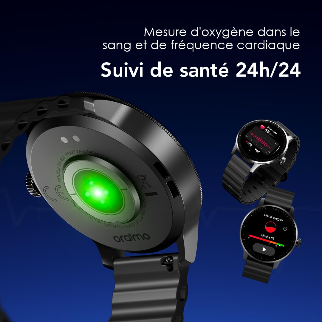 oraimo Montre Connectée Écran AMOLED 1,43 Pouce Appels Bluetooth 5.3 Batterie 11 Jours Suivi Rythme Cardiaque SpO2 Étanche IP68 Mode Sport Homme Femme Notification Android 6.0 iOS 11 Noir