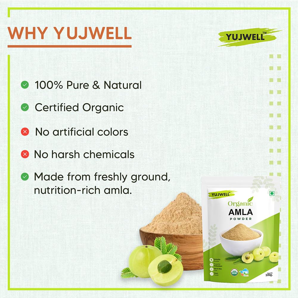 YUJWELL Certified Organic Amla Powder 100g | Natural Superfood | Vitamin C & Antioxidant Rich | Supports Immunity, Hair, Skin, Gut & Heart Health | Ideal For Hair & Face Mask | USDA & India Organic Certified — Amazon image 5