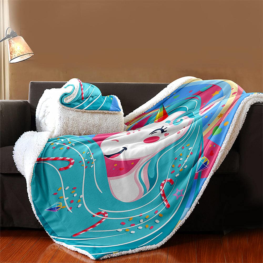 Coperta in pile con unicorno,motivo floreale,botanico,magica